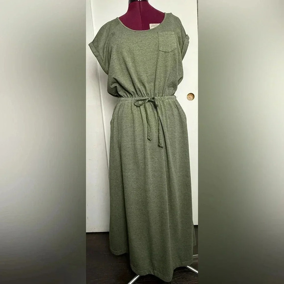 Womens OLIVE GREEN HEATHERED MAXI DRESS Side Slits POCKETS Elastic Waist - Picture 1 of 11